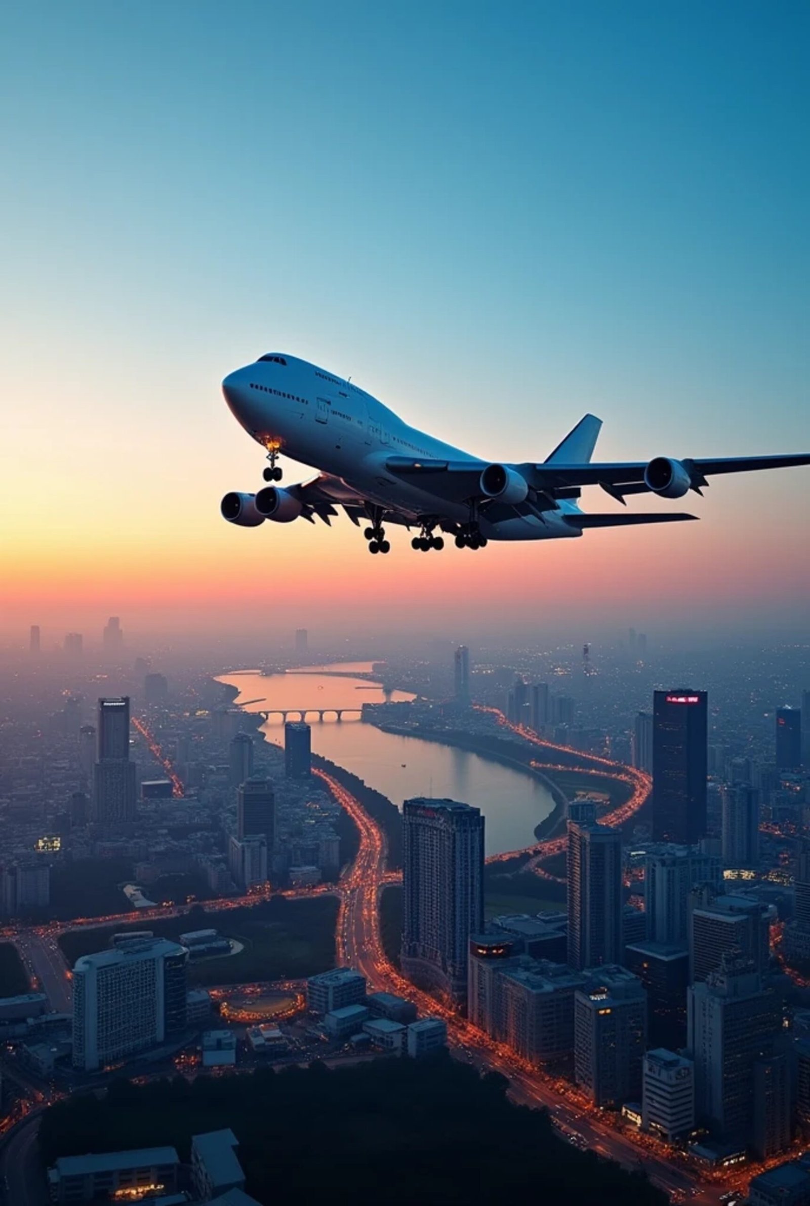 NRI flying home to buy luxury property in Gurgaon — plane over the city skyline at dusk