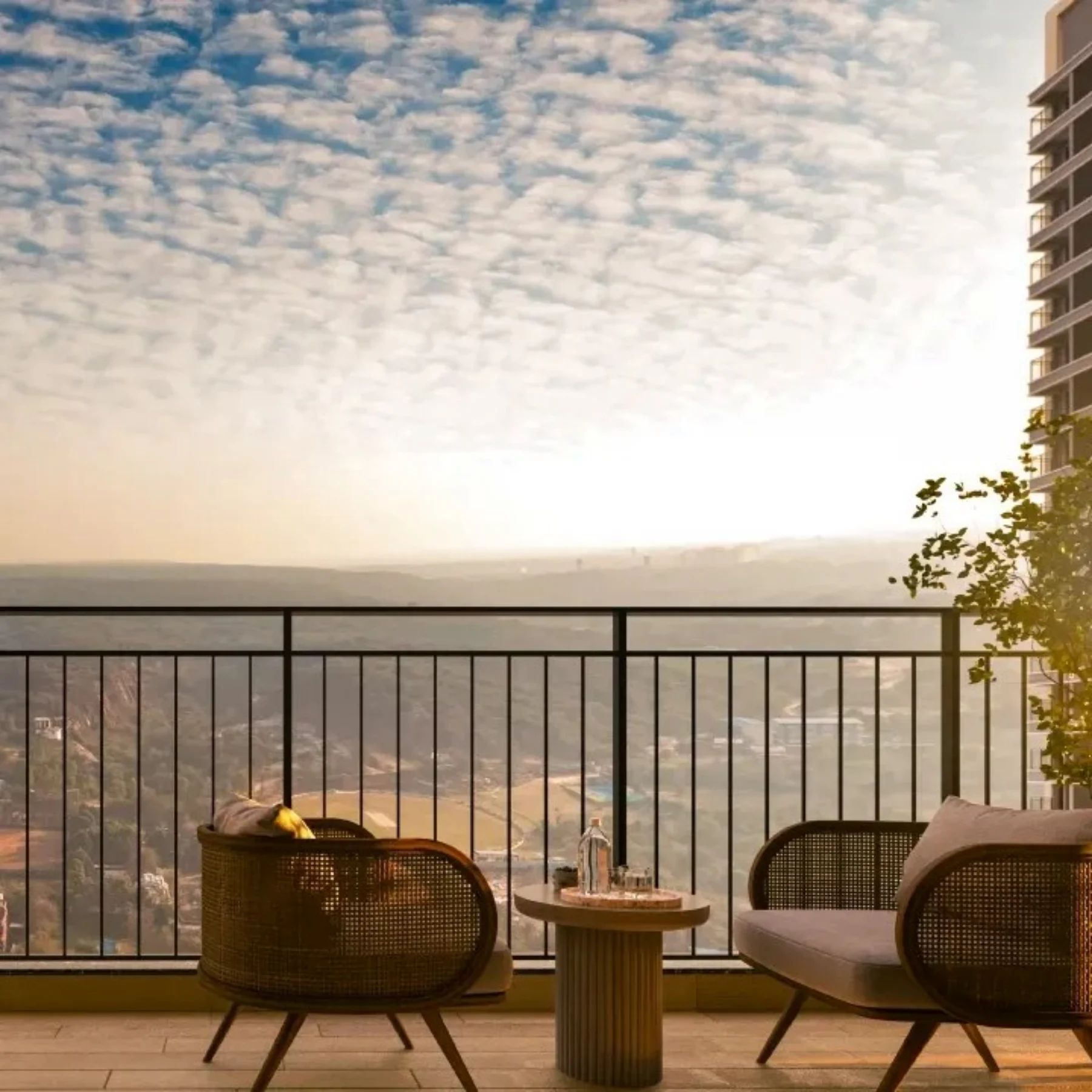 Sobha Crescent — balcony deck with panoramic Gurugram skyline views